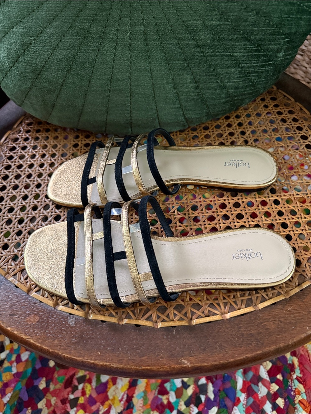Botkier Bridger Black & Gold Strappy Flat Slip On Slide Sandals